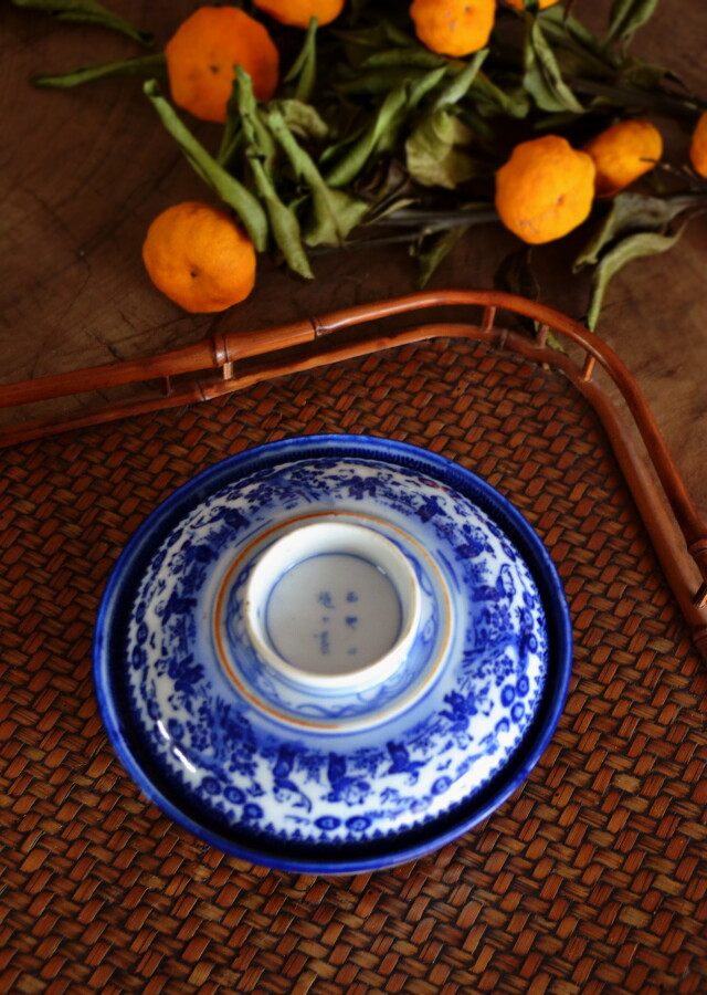 Antique Sam's Collection染付印判唐子紋蓋付茶碗
