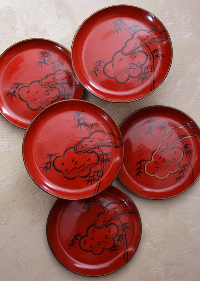 時代蒔絵漆菓子皿　5枚　松竹梅紋様　取り皿　和皿　和食器　漆器　