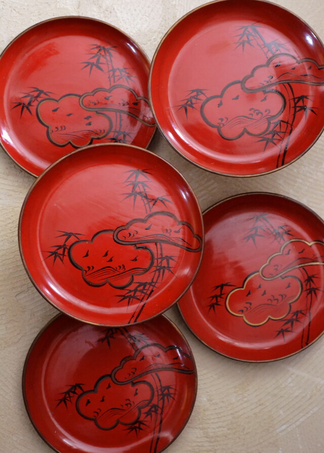 時代蒔絵漆菓子皿　5枚　松竹梅紋様　取り皿　和皿　和食器　漆器　