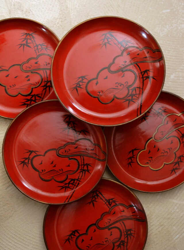 時代蒔絵漆菓子皿　5枚　松竹梅紋様　取り皿　和皿　和食器　漆器　