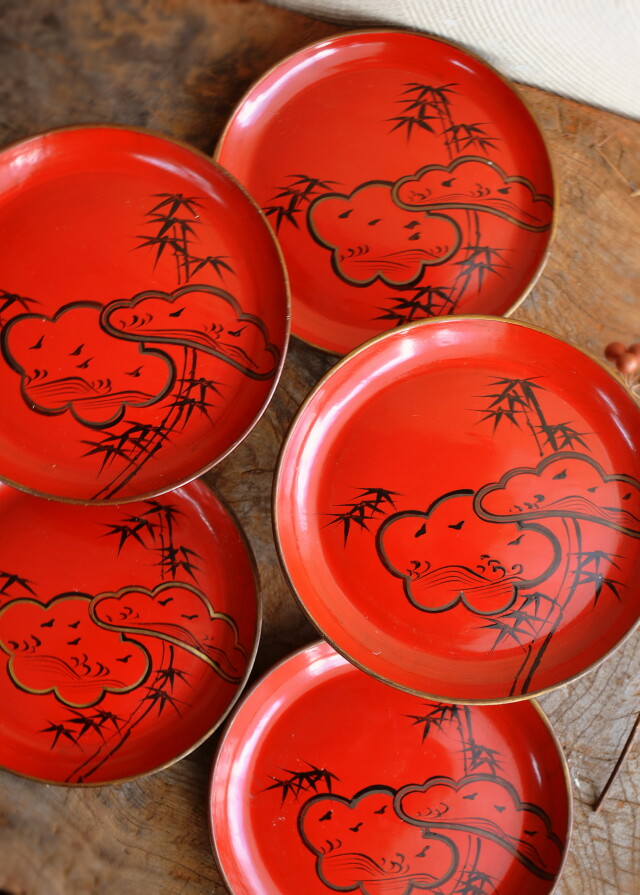 時代蒔絵漆菓子皿　5枚　松竹梅紋様　取り皿　和皿　和食器　漆器　