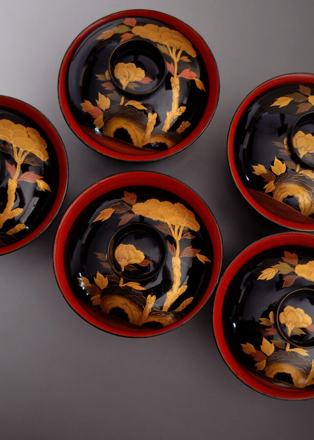 時代蒔絵椀 5客組 牡丹紋様縁起物 Antique Sam's Collection