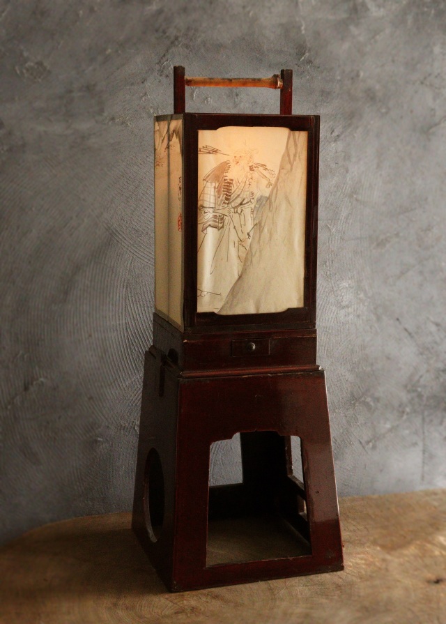 春慶塗二部式行燈　水谷百碩[高砂図]行燈　行灯　灯篭　灯もの　和風照明　照明　古道具　民具