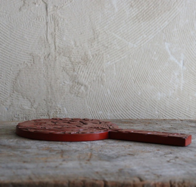 鎌倉彫手鏡　堆朱のような手鏡　花鳥図　手仕事　民藝　朱塗　手鏡