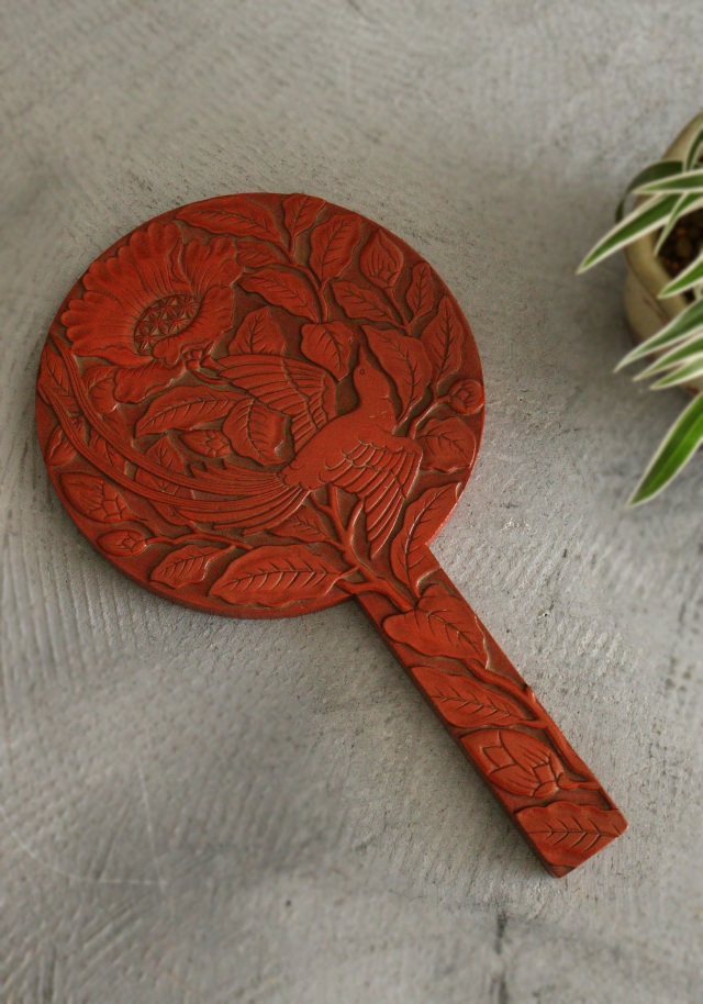 鎌倉彫手鏡 堆朱のような手鏡 花鳥図 手仕事 民藝 朱塗 手鏡