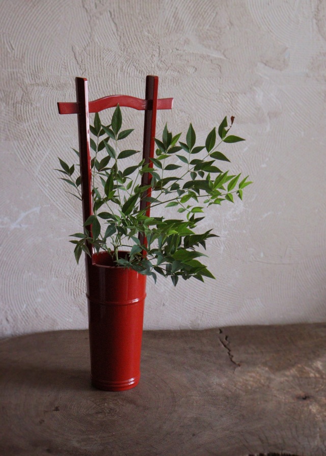 輪島塗 手桶花器　朱塗　漆器　花器　花瓶　