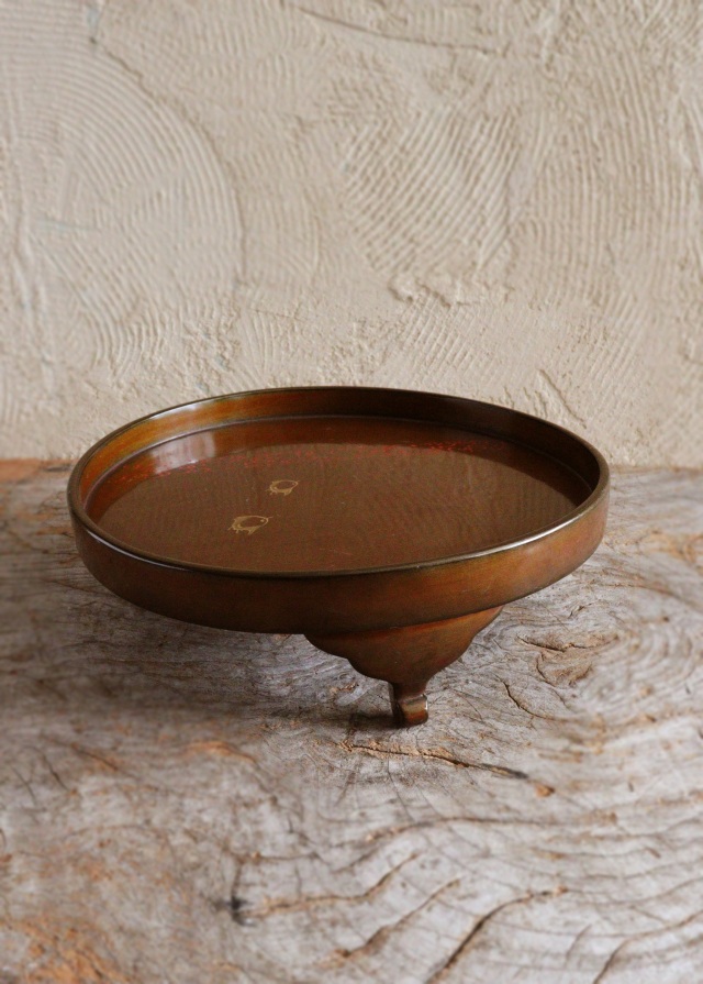 三ツ足漆盆　波千鳥　毛彫り盆　梨地　漆の菓子器　煎茶盆　盛り器　漆皿　漆器　漆盆