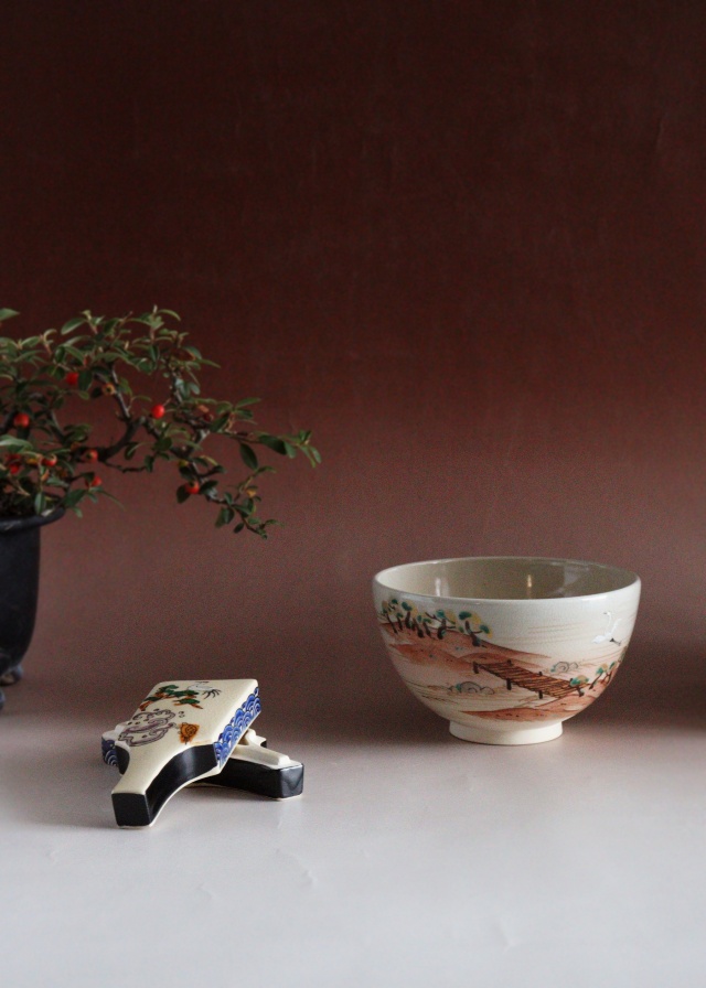 中村陶彩作茶碗 羽子板香合 京焼 茶道具 抹茶碗 お正月 鶴松