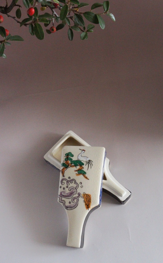中村陶彩作茶碗 羽子板香合 京焼 茶道具 抹茶碗 お正月 鶴松