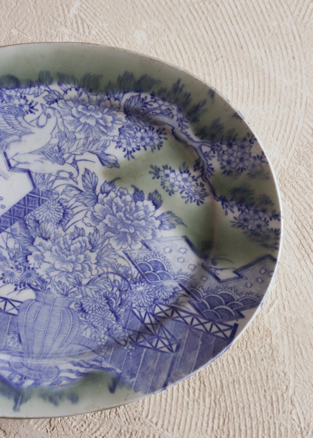 伊万里青磁染付印判花籠手楕円大皿　37ｃｍ×30ｃｍ　大皿　パスタ　オードブル　染付印判皿　花鳥図