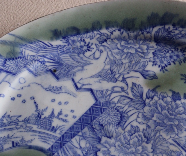 伊万里青磁染付印判花籠手楕円大皿　37ｃｍ×30ｃｍ　大皿　パスタ　オードブル　染付印判皿　花鳥図