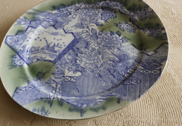 伊万里青磁染付印判花籠手楕円大皿　37ｃｍ×30ｃｍ　大皿　パスタ　オードブル　染付印判皿　花鳥図