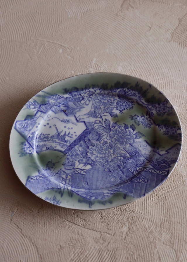 伊万里青磁染付印判花籠手楕円大皿　37ｃｍ×30ｃｍ　大皿　パスタ　オードブル　染付印判皿　花鳥図