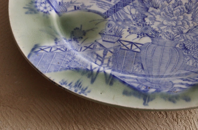 伊万里青磁染付印判花籠手楕円大皿　37ｃｍ×30ｃｍ　大皿　パスタ　オードブル　染付印判皿　花鳥図