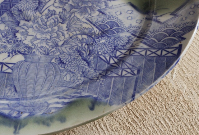 伊万里青磁染付印判花籠手楕円大皿　37ｃｍ×30ｃｍ　大皿　パスタ　オードブル　染付印判皿　花鳥図