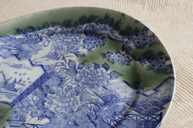 伊万里青磁染付印判花籠手楕円大皿　37ｃｍ×30ｃｍ　大皿　パスタ　オードブル　染付印判皿　花鳥図