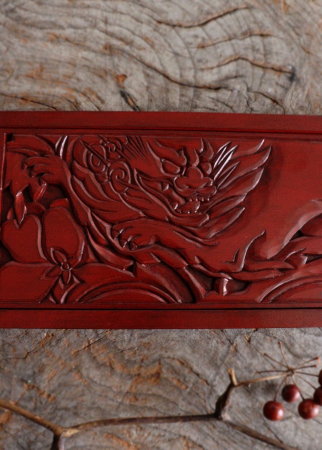 清朝期　紅穂 紅鞍 彫刻文様　清供雅玩　鉄製 鎌倉彫手鏡 カサブランカ紋様 手仕事 民藝 Antique Sam's Collection