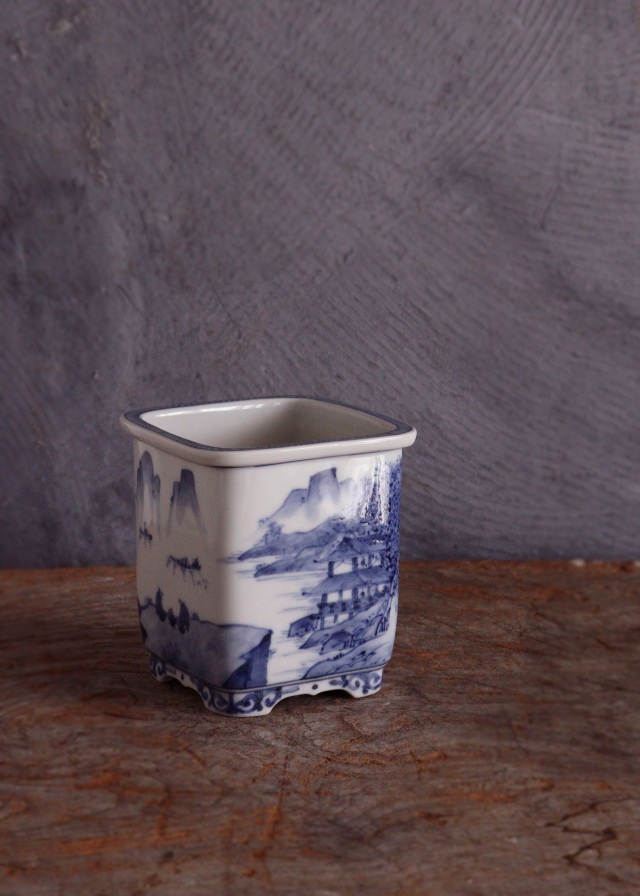 九谷名工 山本長左作 藍九谷 染付 植木鉢 盆栽鉢 筆筒 Sam's Collection