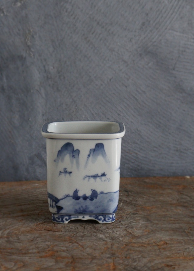 九谷名工 山本長左作 藍九谷 染付 植木鉢 盆栽鉢 筆筒 Sam's Collection