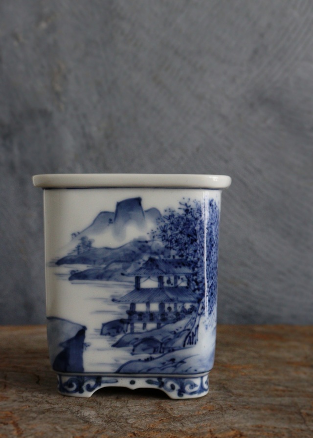 九谷名工 山本長左作 藍九谷 染付 植木鉢 盆栽鉢 筆筒 Sam's