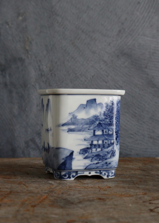 九谷名工　山本長左作 　藍九谷　 染付　 植木鉢　 盆栽鉢 　筆筒