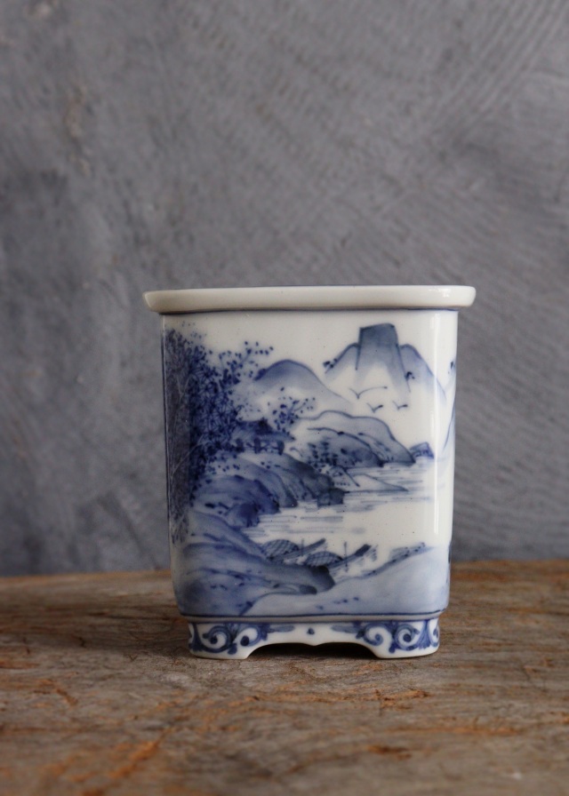 九谷名工　山本長左作 　藍九谷　 染付　 植木鉢　 盆栽鉢 　筆筒