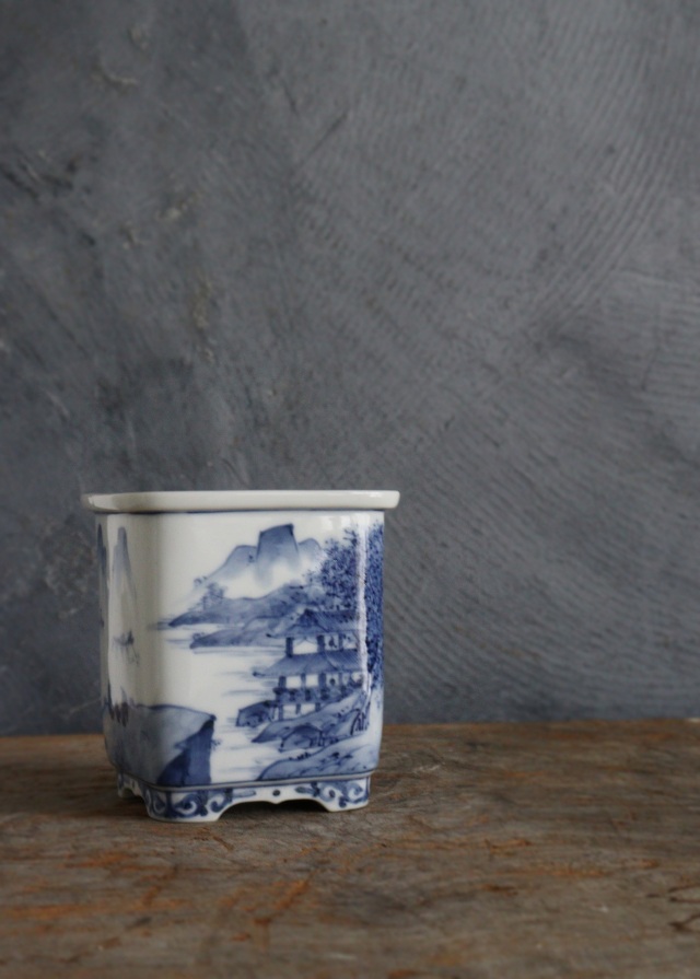 九谷名工　山本長左作 　藍九谷　 染付　 植木鉢　 盆栽鉢 　筆筒