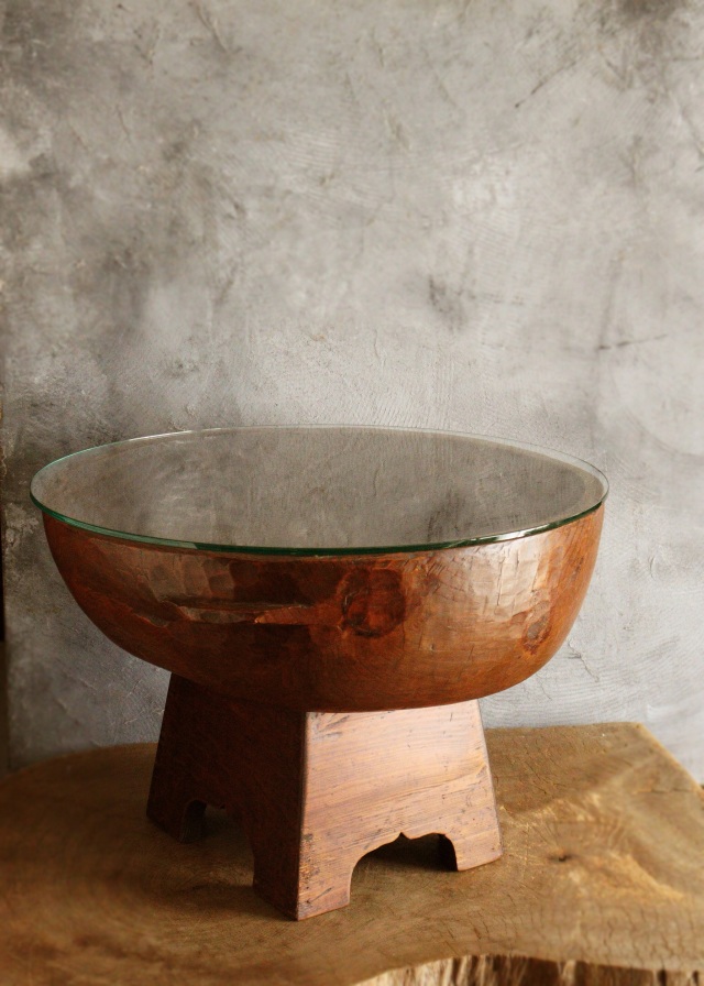 李朝木鉢脚付き　ガラス付き　木製捏鉢　民藝　茶卓　ミニテーブル　木鉢　　李朝家具　捏ね鉢　