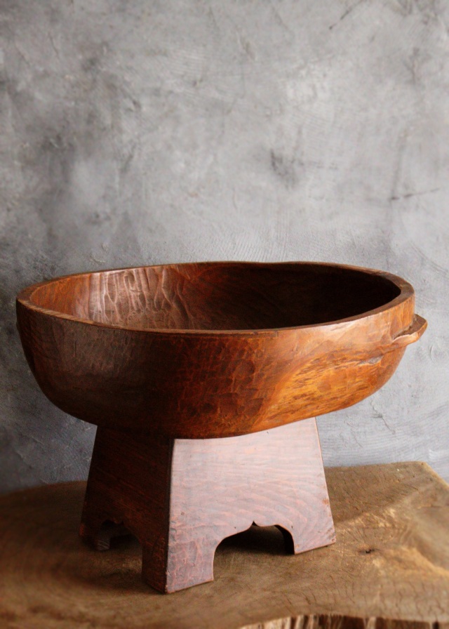 李朝木鉢脚付き　ガラス付き　木製捏鉢　民藝　茶卓　ミニテーブル　木鉢　　李朝家具　捏ね鉢　