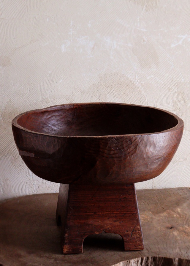 李朝木鉢脚付き　ガラス付き　木製捏鉢　民藝　茶卓　ミニテーブル　木鉢　　李朝家具　捏ね鉢　