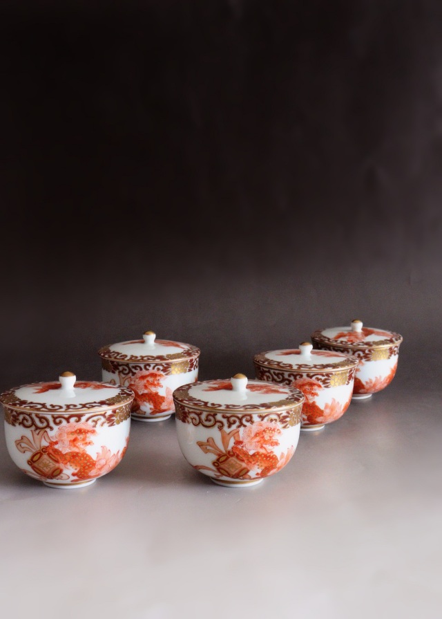 煎茶碗　李朝　煎茶道具 九谷鏑木窯 獅子牡丹 九谷焼煎茶茶碗5客セット 煎茶道具 小鉢 向付