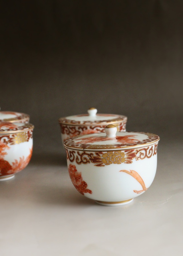 九谷鏑木窯 獅子牡丹 九谷焼煎茶茶碗5客セット 煎茶道具 小鉢 向付