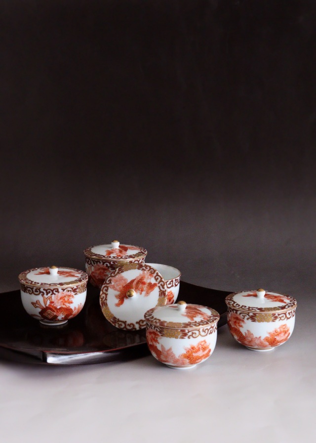 九谷鏑木窯 獅子牡丹 九谷焼煎茶茶碗5客セット 煎茶道具 小鉢 向付