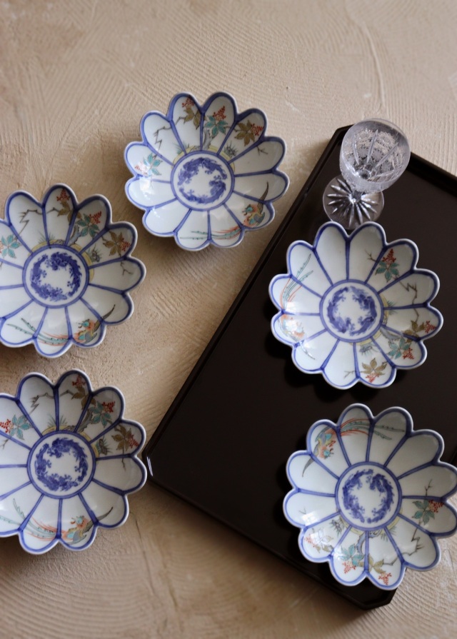 伊万里色絵花輪郭皿 五枚組 桐鳳凰紋皿 菊花皿 平向付Antique
