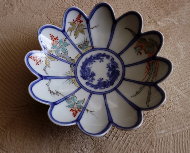 伊万里色絵花輪郭皿 五枚組 桐鳳凰紋皿 菊花皿 平向付Antique