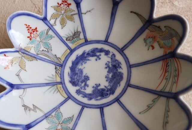 1800年代 古伊万里 色絵鶴文様菊花形大鉢 染付 松竹梅 直径24.2㎝
