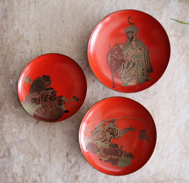 高蒔絵三つ組盃 三宝 漆皿 漆器 漆盆 酒器 お正月 恵比寿大黒