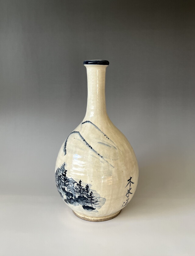♢九谷焼 木米 赤地 金彩 南画 鋸歯紋様 瓶 徳利 京焼 骨董品 古美術品 工芸品