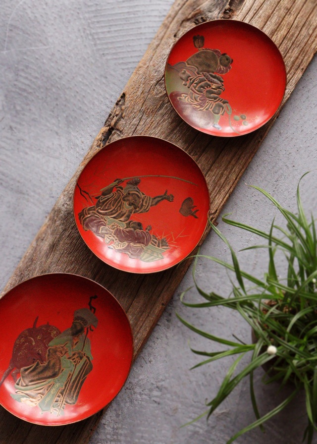 高蒔絵三つ組盃 三宝 漆皿 漆器 漆盆 酒器 お正月 恵比寿大黒