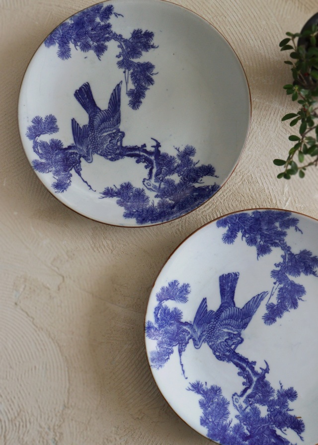 印判　染付大皿　花鳥図 染付印判松鳥図大皿 31cm 大皿 パスタ オードブル 染付印判皿 鳥