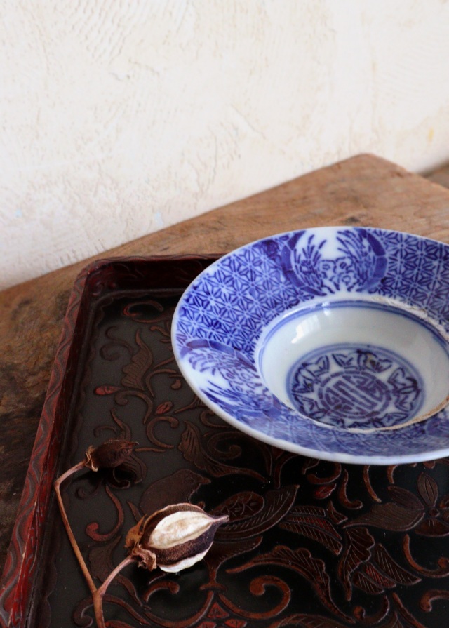 染付印判蝙蝠麻の葉紋小鉢　盃洗　茶船　和食器　