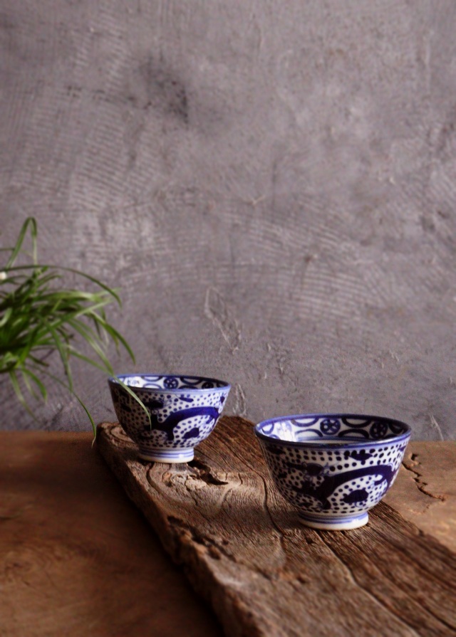 染付点描龍双鳳凰図煎茶茶碗 茶器 酒器 冷酒 染付 茶碗 小鉢 2客