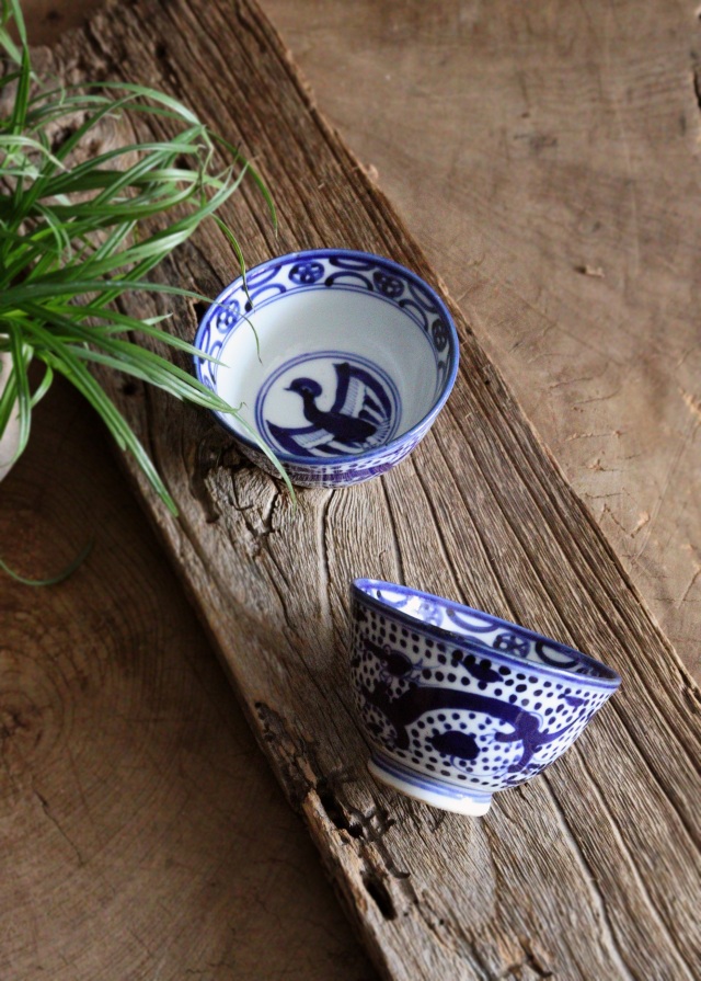 染付点描龍鳳凰図煎茶茶碗　茶器　酒器　冷酒　染付　茶碗　小鉢　2客