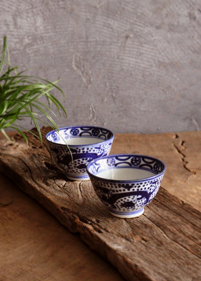 染付点描龍双鳳凰図煎茶茶碗 茶器 酒器 冷酒 染付 茶碗 小鉢 2客