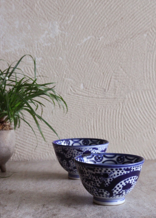 染付点描龍双鳳凰図煎茶茶碗 茶器 酒器 冷酒 染付 茶碗 小鉢 2客