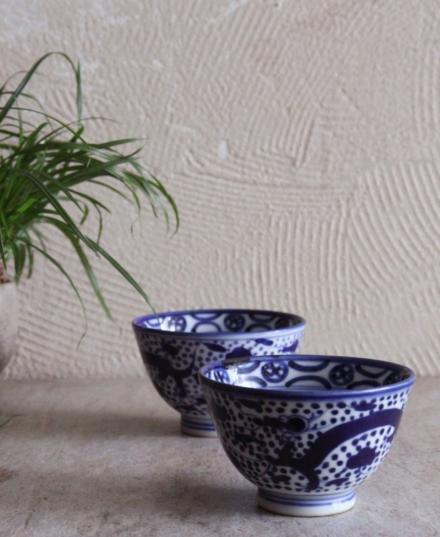 染付点描龍双鳳凰図煎茶茶碗 茶器 酒器 冷酒 染付 茶碗 小鉢 2客