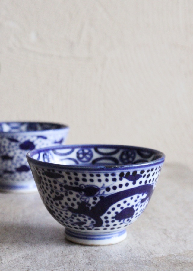 染付点描龍双鳳凰図煎茶茶碗 茶器 酒器 冷酒 染付 茶碗 小鉢 2客