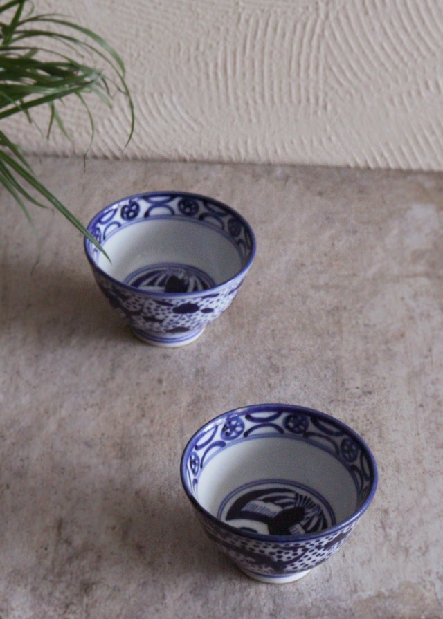 染付点描龍鳳凰図煎茶茶碗　茶器　酒器　冷酒　染付　茶碗　小鉢　2客