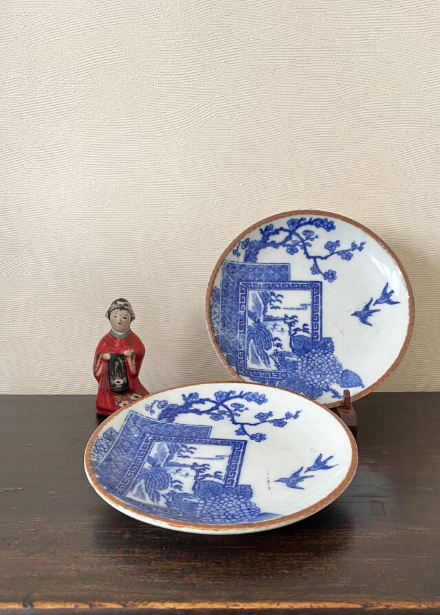 印判いげ皿二枚組　梅に鳥にあじさい