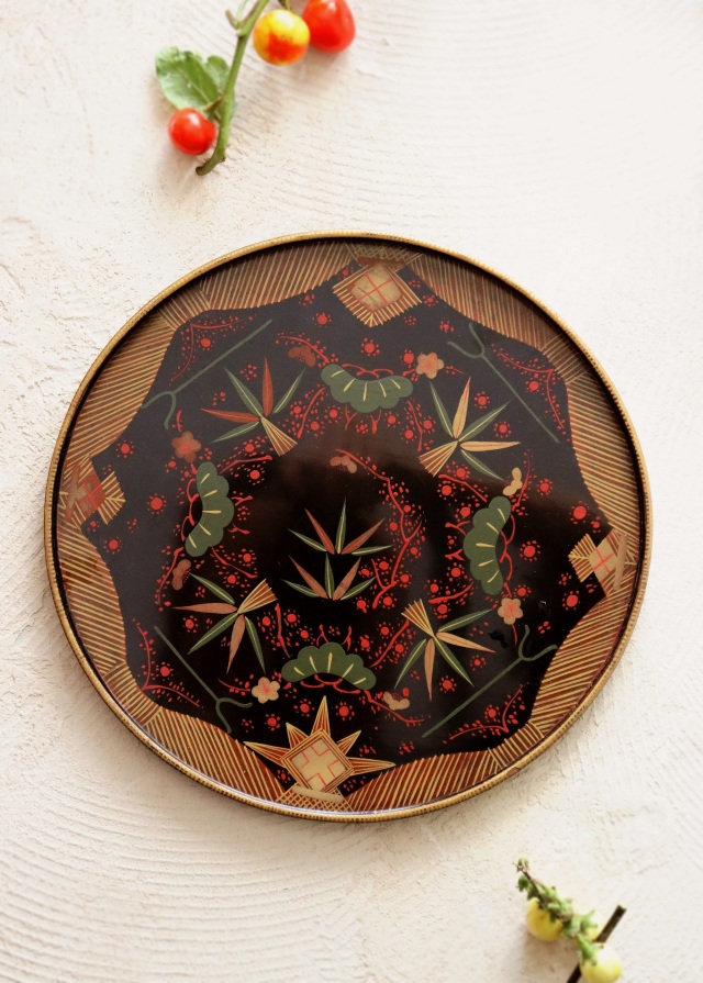 会津絵盆　菓子器　松竹梅　蒔絵　手仕事　民藝　木皿　丸盆　270ｍｍ